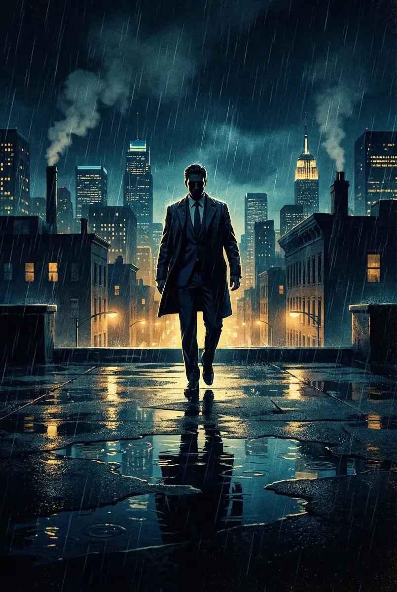 鬼父 快播 出品影片《雨夜独行者》海报，雨中城市屋顶男性剪影